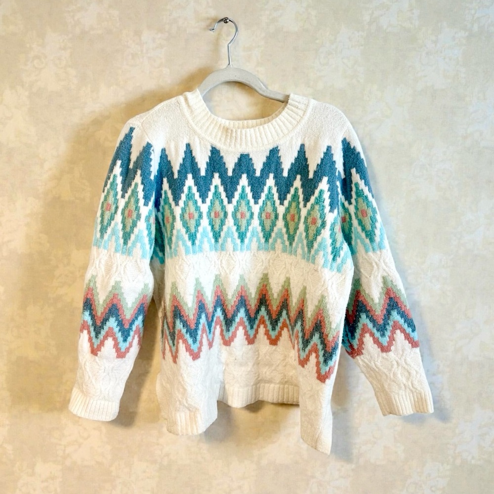 Talbots Aztec Tunic Sweater | Merino Wool Cotton Blend | Large Petite
